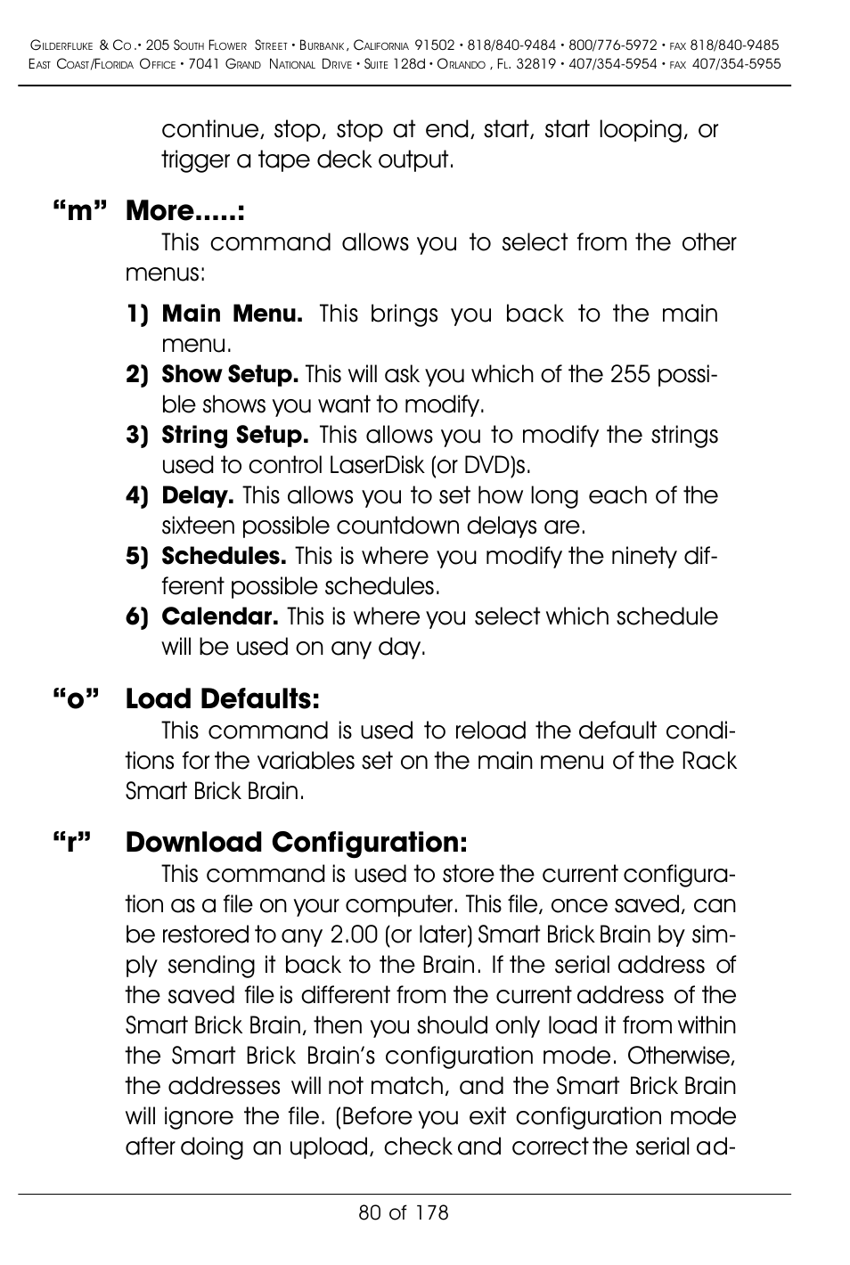 M” more, O” load defaults, R” download configuration | Gilderfluke&Co 'Smart' Brick Animation Control System User Manual | Page 90 / 188