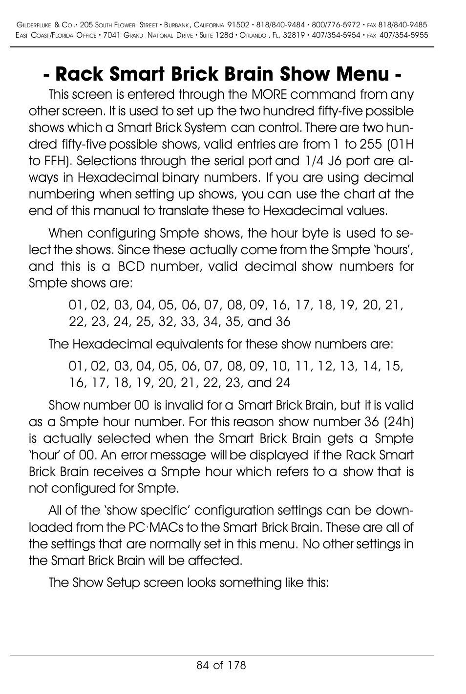 Rack smart brick brain show menu | Gilderfluke&Co 'Smart' Brick Animation Control System User Manual | Page 94 / 188