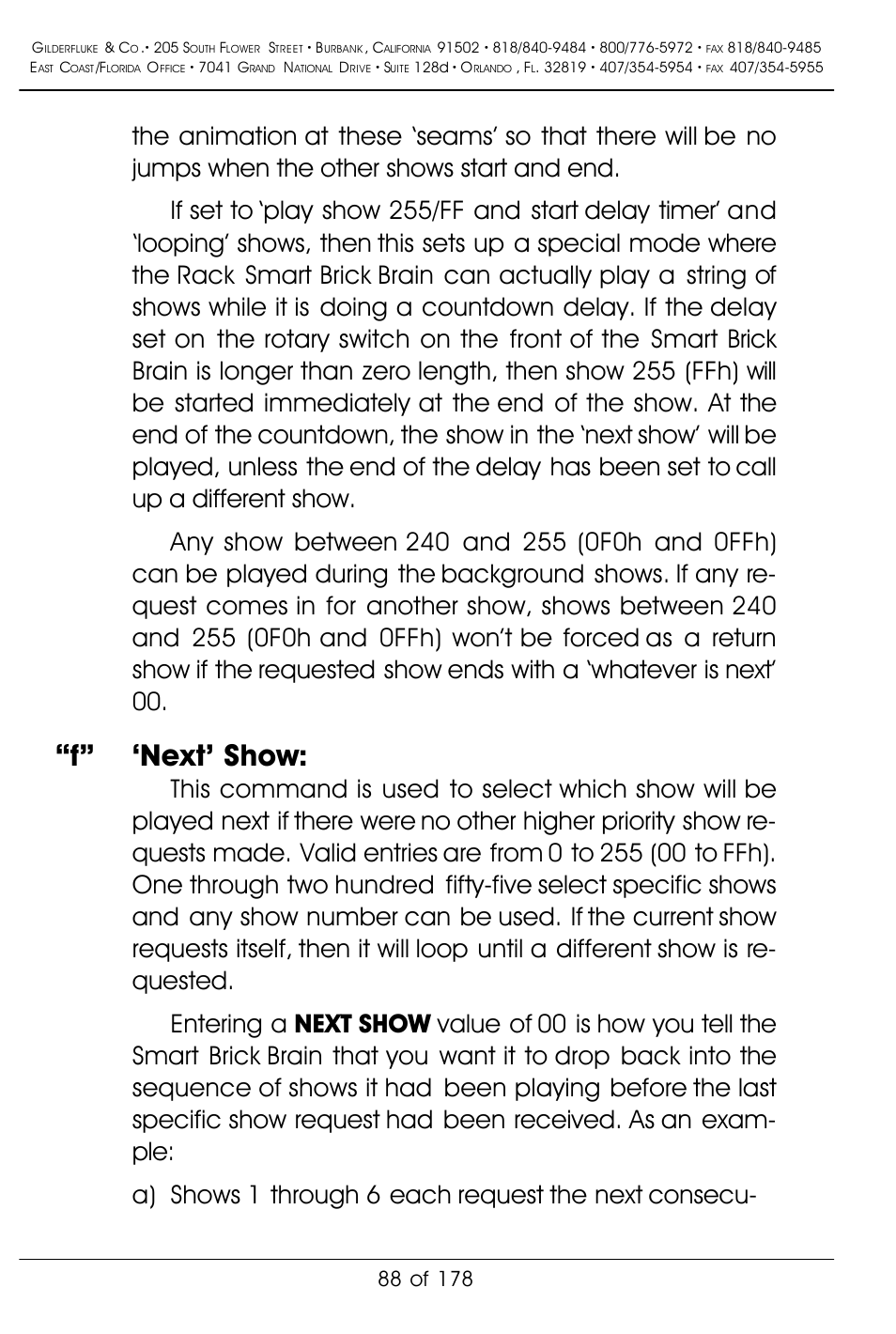 F” ‘next’ show | Gilderfluke&Co 'Smart' Brick Animation Control System User Manual | Page 98 / 188