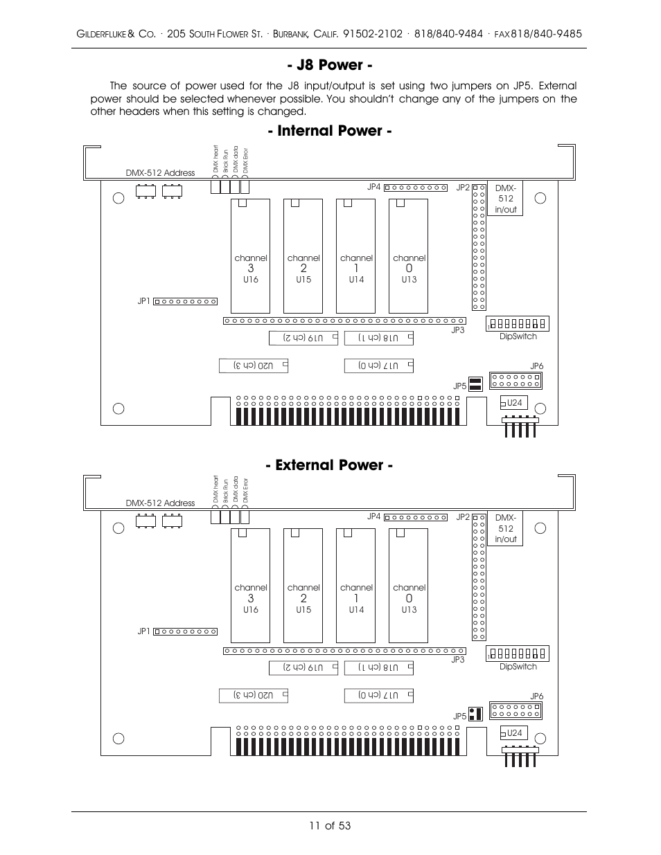 J8 power, Internal power, External power | Gilderfluke&Co 'Dumb' Brick Animation Control System User Manual | Page 17 / 59