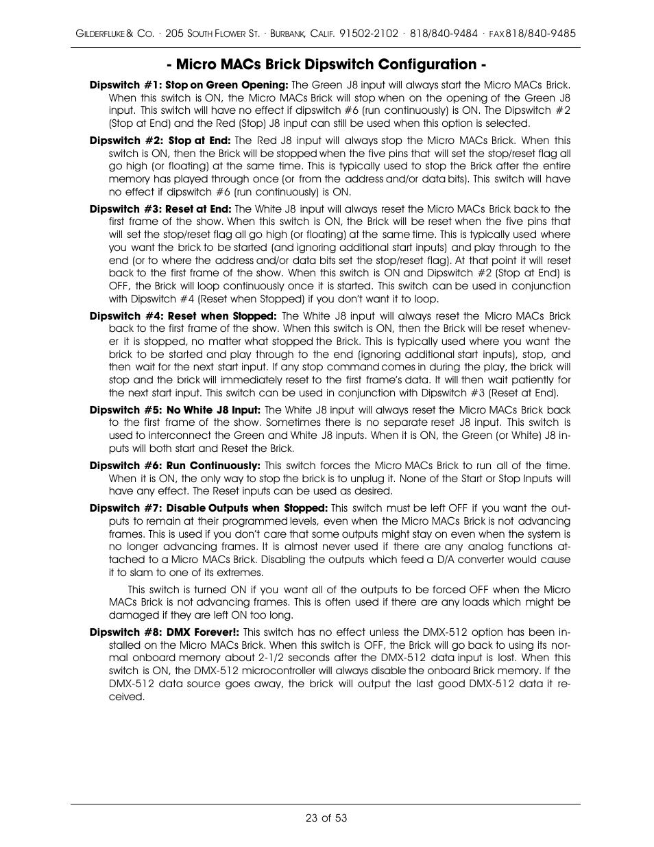 Micro macs brick dipswitch configuration | Gilderfluke&Co 'Dumb' Brick Animation Control System User Manual | Page 29 / 59