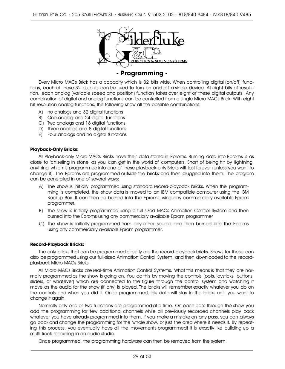 Programming | Gilderfluke&Co 'Dumb' Brick Animation Control System User Manual | Page 35 / 59