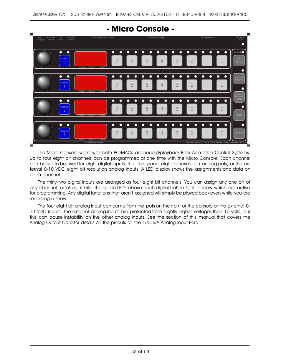 Micro console | Gilderfluke&Co 'Dumb' Brick Animation Control System User Manual | Page 39 / 59