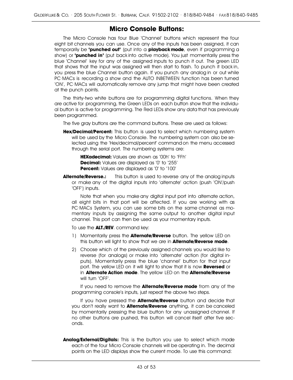 Micro console buttons | Gilderfluke&Co 'Dumb' Brick Animation Control System User Manual | Page 49 / 59