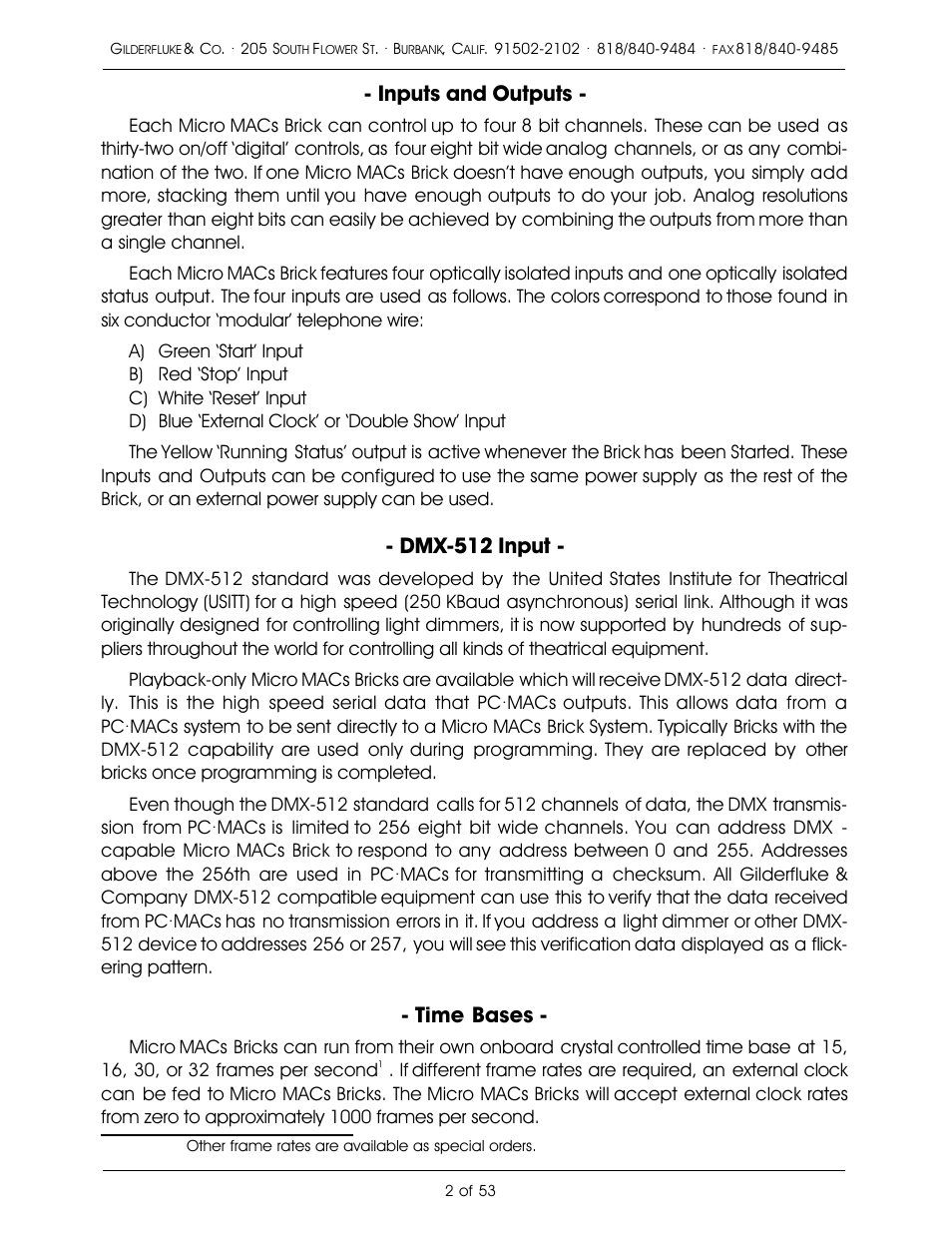 Inputs and outputs, Dmx-512 input, Time bases | Gilderfluke&Co 'Dumb' Brick Animation Control System User Manual | Page 8 / 59