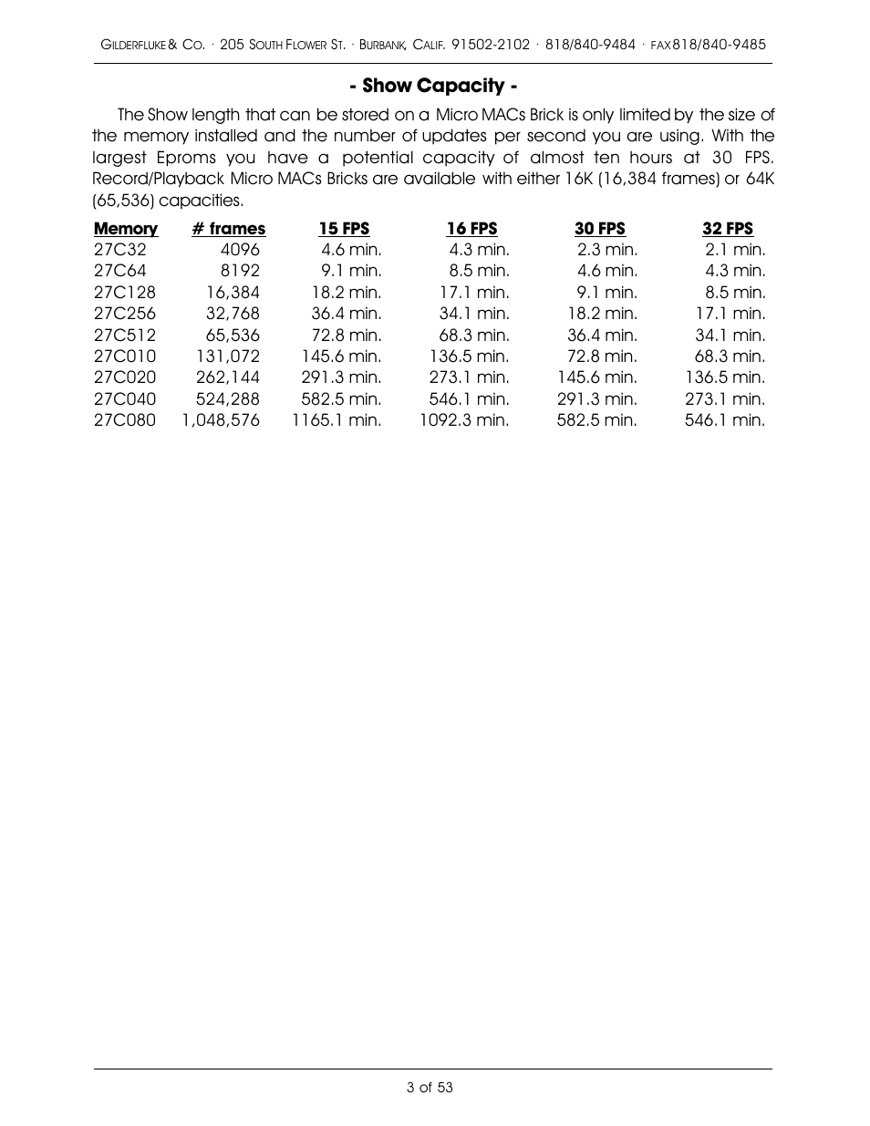 Show capacity | Gilderfluke&Co 'Dumb' Brick Animation Control System User Manual | Page 9 / 59