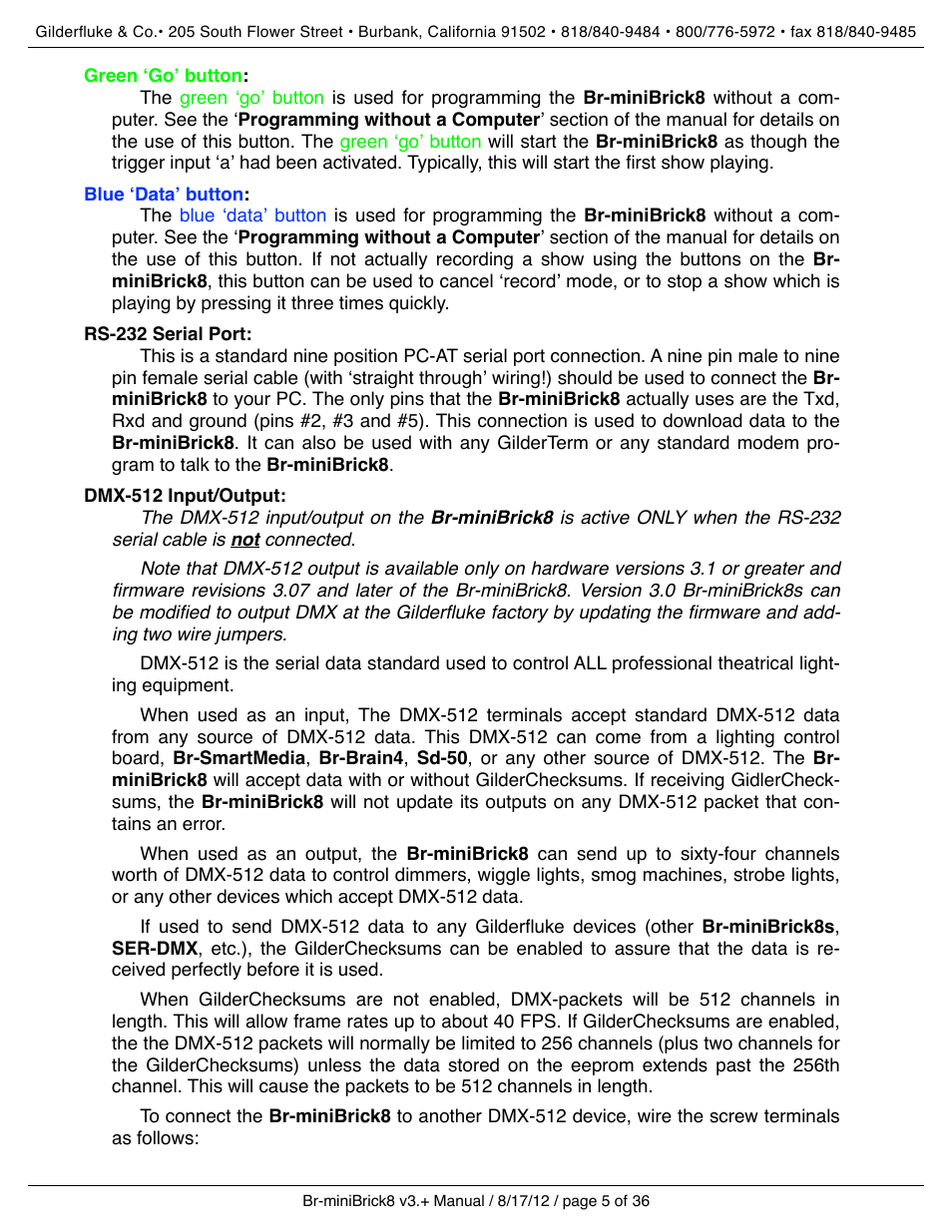 Green ʻgoʼ button, Blue ʻdataʼ button, Rs-232 serial port | Dmx-512 input/output | Gilderfluke&Co Br-miniBrick8 User Manual | Page 11 / 42