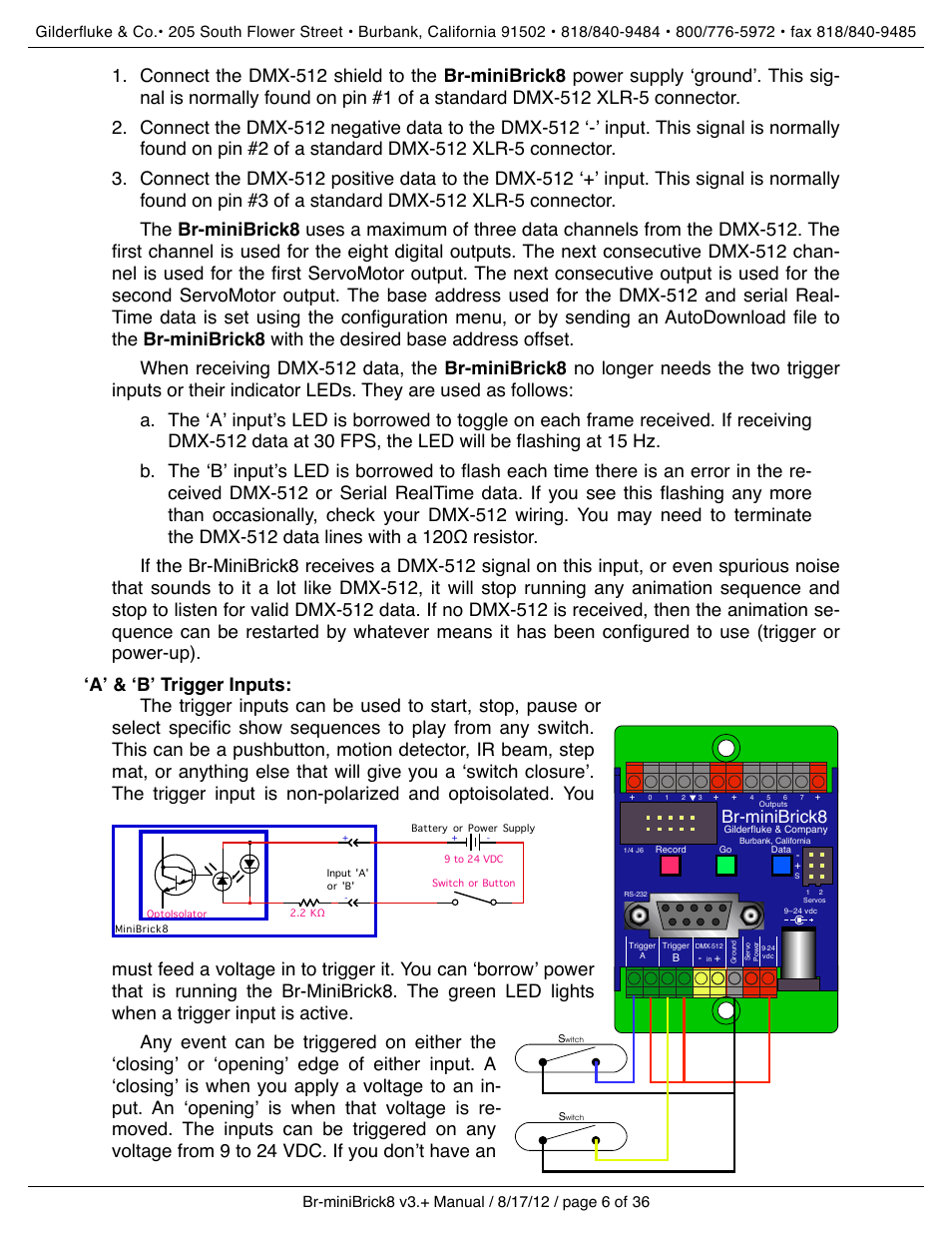 ʻaʼ & ʻbʼ trigger inputs, Br-minibrick8 | Gilderfluke&Co Br-miniBrick8 User Manual | Page 12 / 42