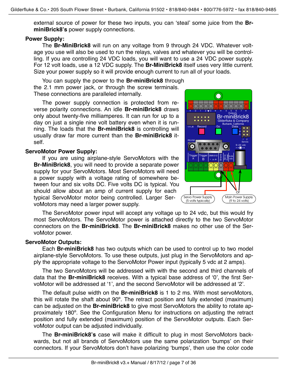Power supply, Servomotor power supply, Servomotor outputs | Br-minibrick8 | Gilderfluke&Co Br-miniBrick8 User Manual | Page 13 / 42