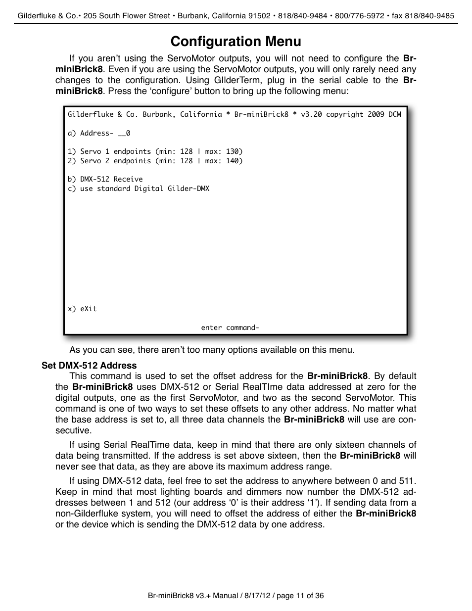Configuration menu, Set dmx-512 address | Gilderfluke&Co Br-miniBrick8 User Manual | Page 17 / 42