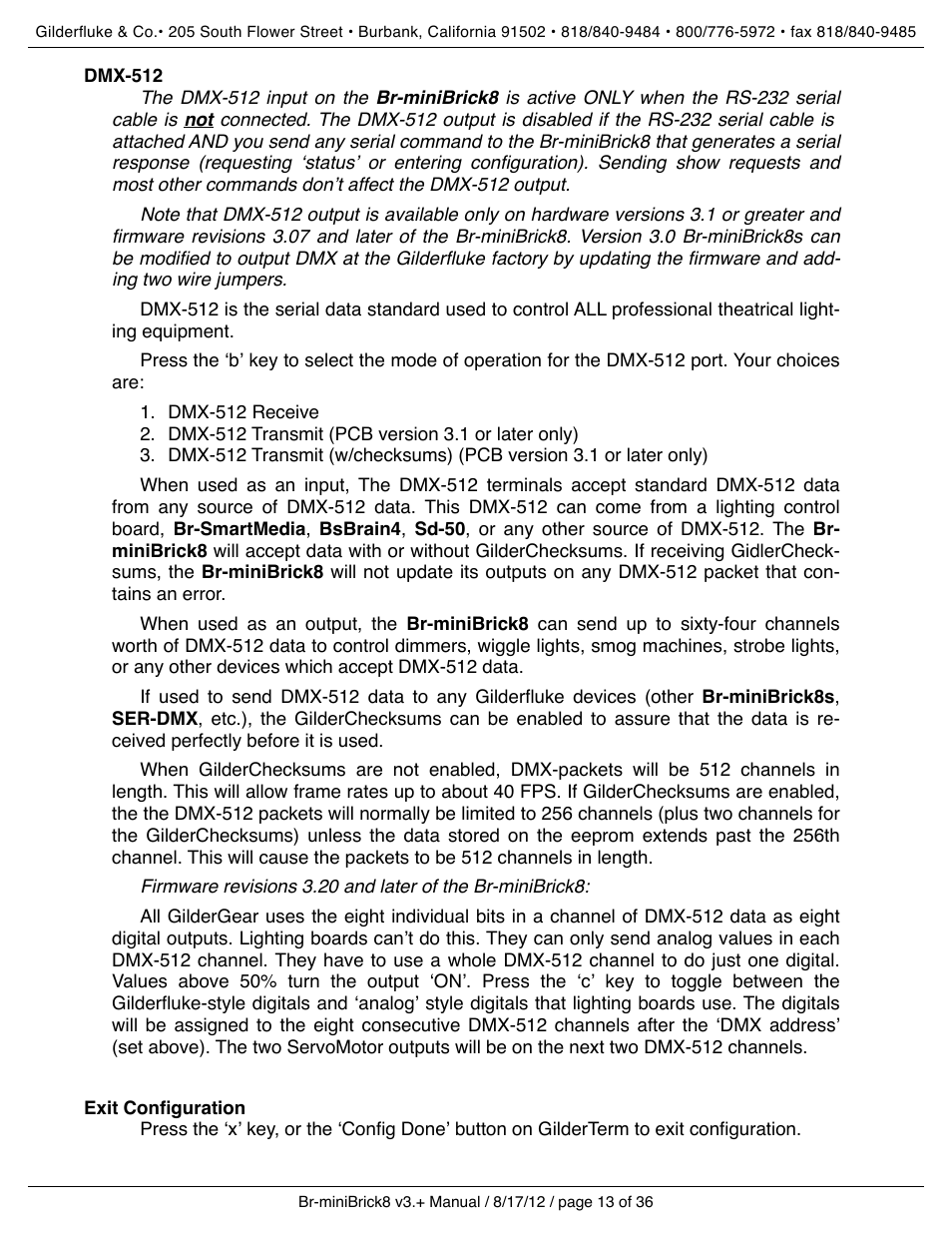 Dmx-512, Exit configuration | Gilderfluke&Co Br-miniBrick8 User Manual | Page 19 / 42