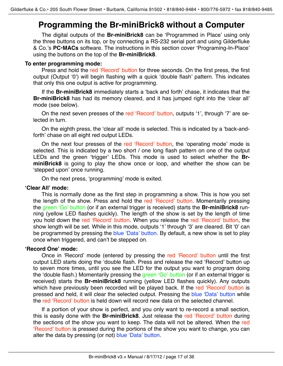Programming the br-minibrick8 without a computer, To enter programming mode, ʻclear allʼ mode | ʻrecord oneʼ mode | Gilderfluke&Co Br-miniBrick8 User Manual | Page 23 / 42