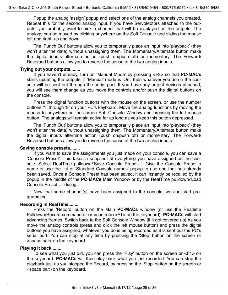 Trying out your outputs, Saving console presets, Recording in realtime | Playing it back | Gilderfluke&Co Br-miniBrick8 User Manual | Page 35 / 42