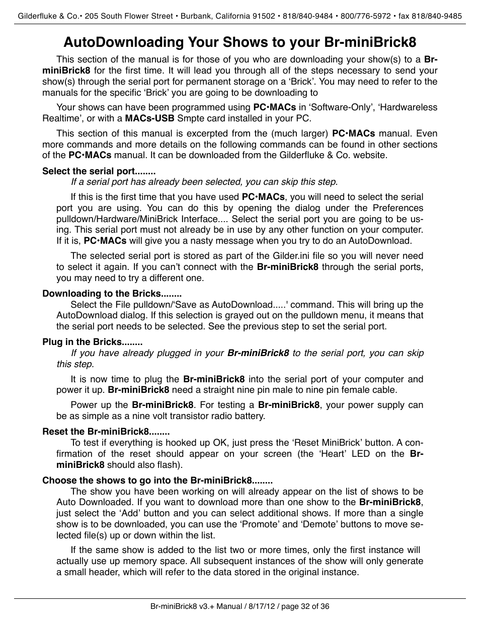 Autodownloading your shows to your br-minibrick8, Select the serial port, Downloading to the bricks | Plug in the bricks, Reset the br-minibrick8, Choose the shows to go into the br-minibrick8 | Gilderfluke&Co Br-miniBrick8 User Manual | Page 38 / 42