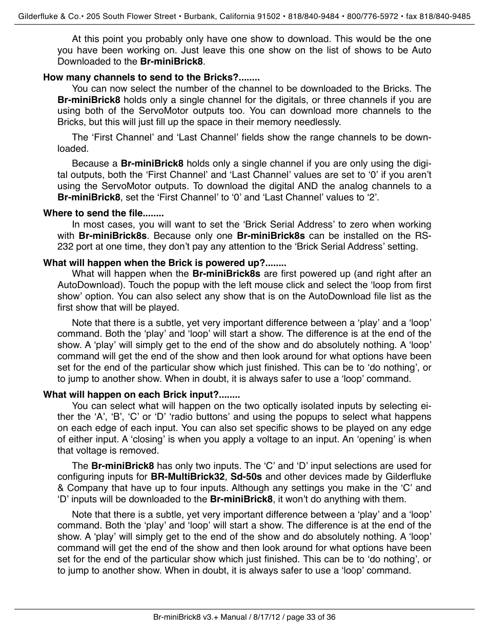 How many channels to send to the bricks, Where to send the file, What will happen when the brick is powered up | What will happen on each brick input | Gilderfluke&Co Br-miniBrick8 User Manual | Page 39 / 42