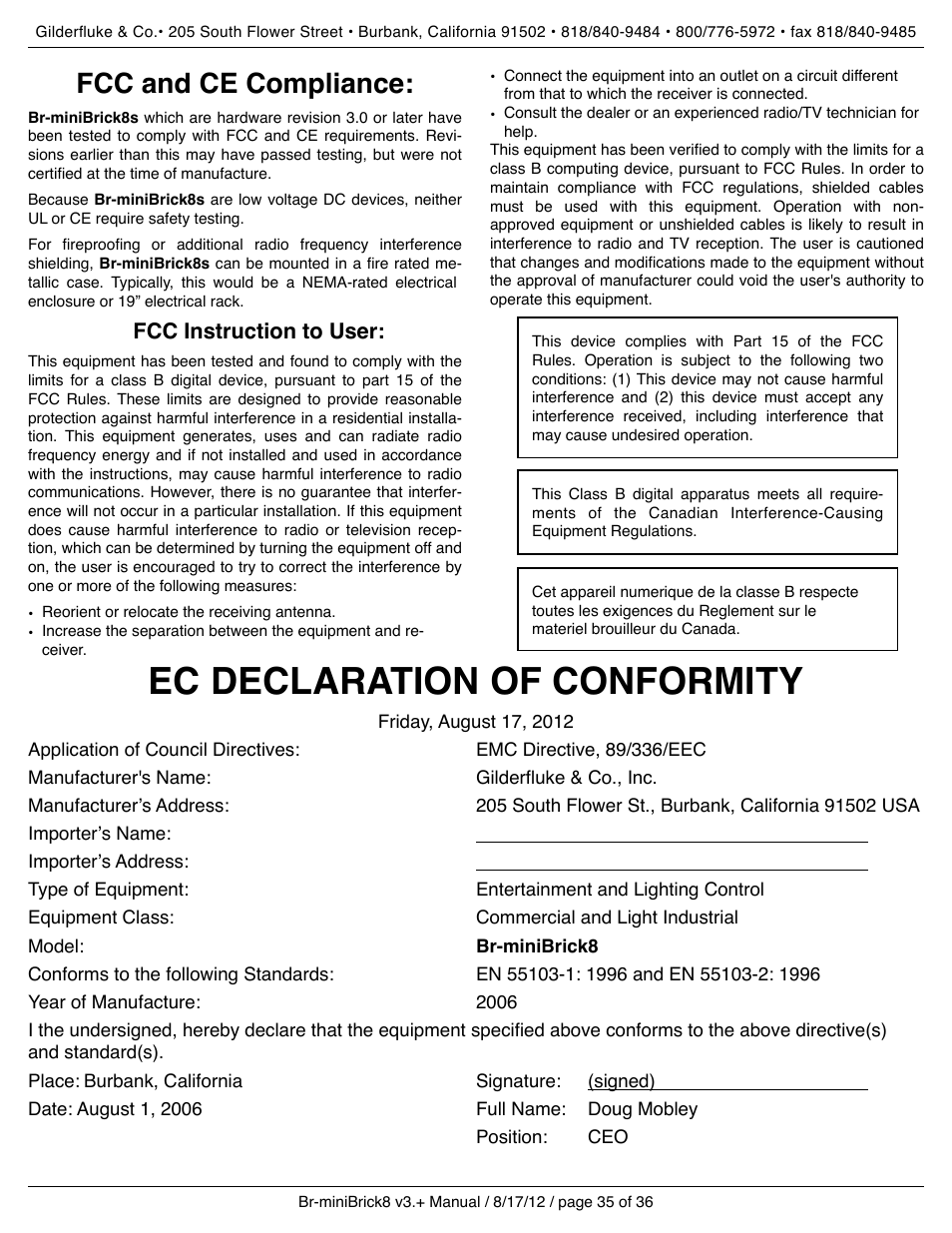 Fcc and ce compliance, Ec declaration of conformity | Gilderfluke&Co Br-miniBrick8 User Manual | Page 41 / 42