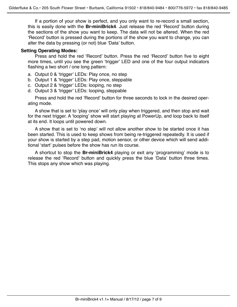 Setting operating modes | Gilderfluke&Co Br-miniBrick4 User Manual | Page 10 / 12