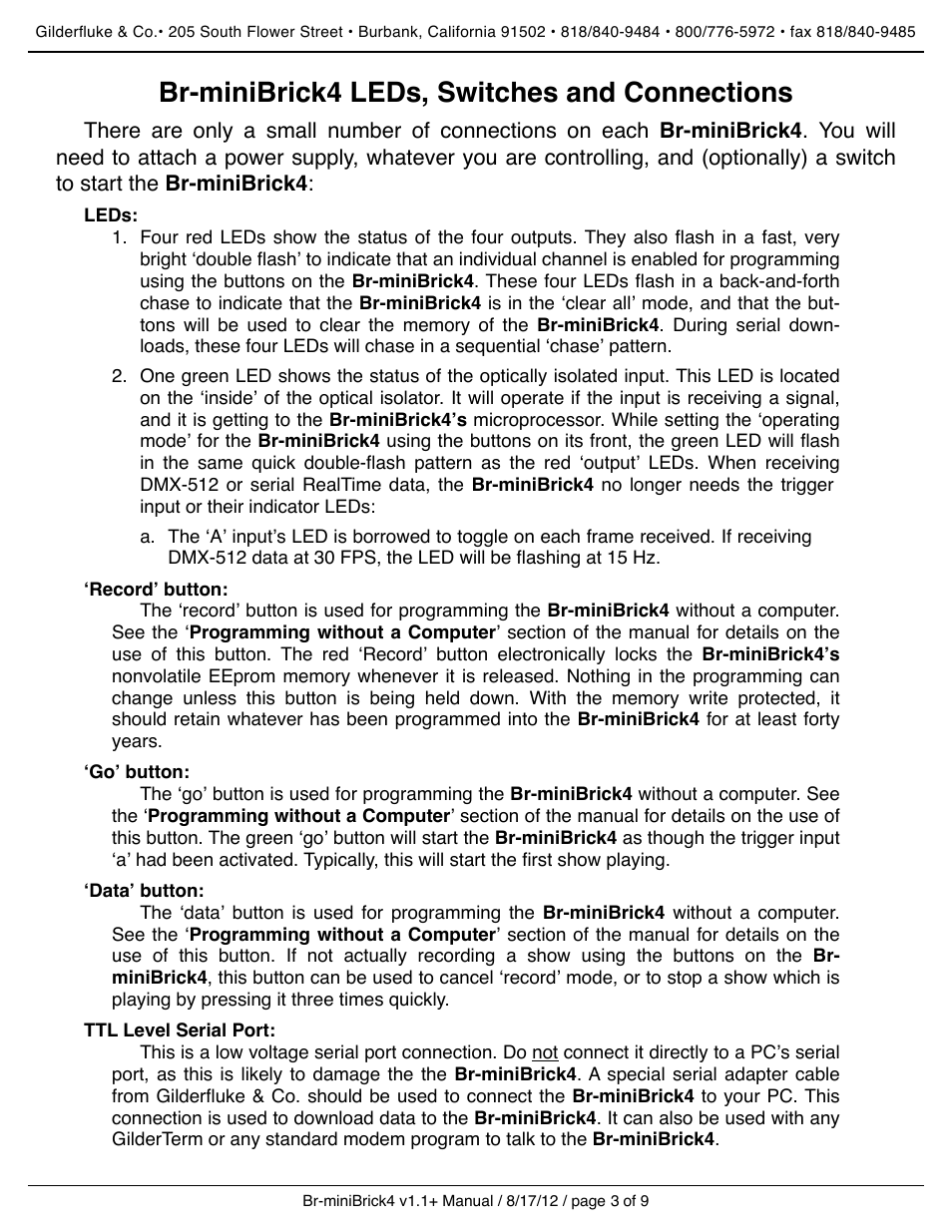Br-minibrick4 leds, switches and connections, Leds, ʻrecordʼ button | ʻgoʼ button, ʻdataʼ button, Ttl level serial port | Gilderfluke&Co Br-miniBrick4 User Manual | Page 6 / 12