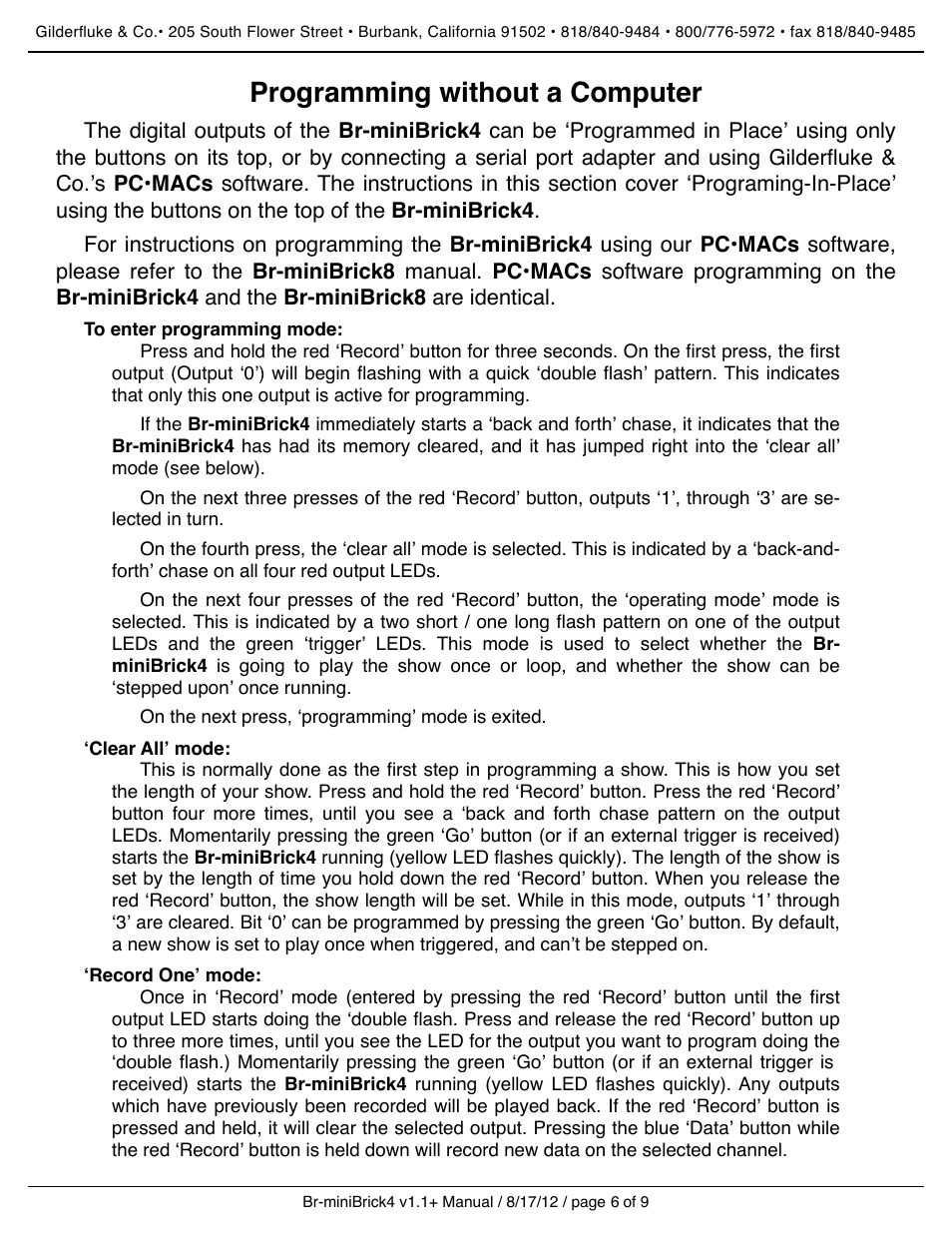 Programming without a computer, To enter programming mode, ʻclear allʼ mode | ʻrecord oneʼ mode | Gilderfluke&Co Br-miniBrick4 User Manual | Page 9 / 12