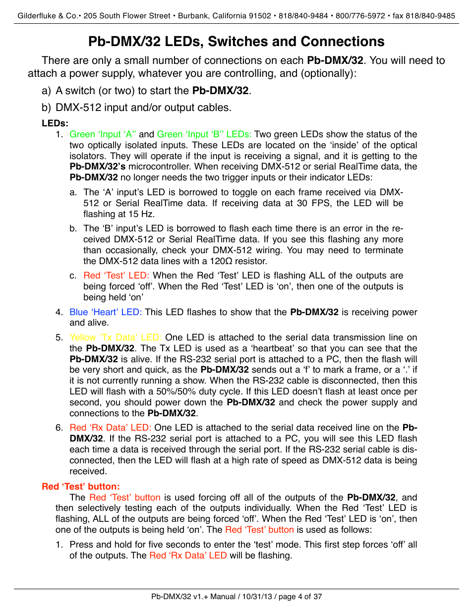 Pb-dmx/32 leds, switches and connections, Leds, Red ʻtestʼ button | Gilderfluke&Co Pb-DMX User Manual | Page 10 / 43