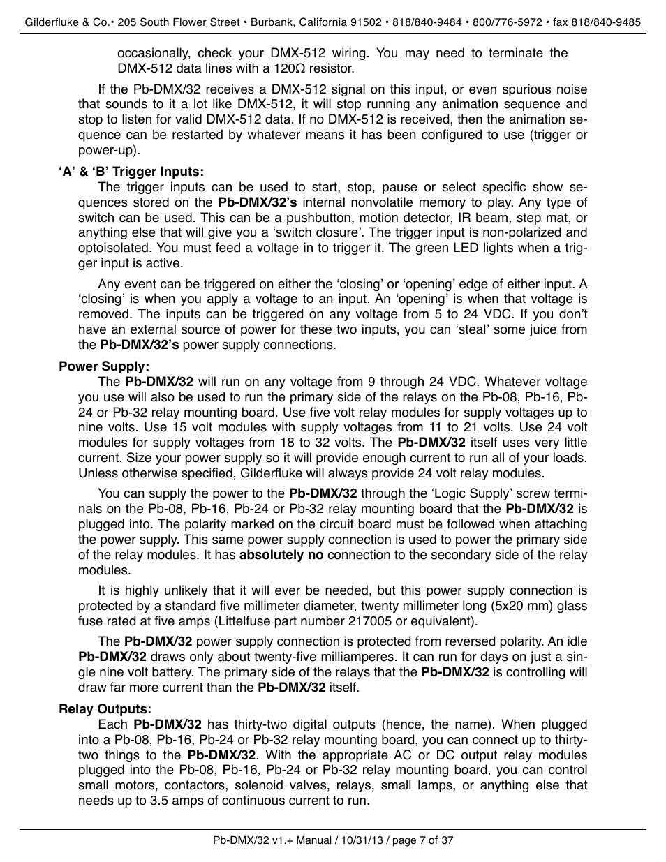 ʻaʼ & ʻbʼ trigger inputs, Power supply, Relay outputs | Gilderfluke&Co Pb-DMX User Manual | Page 13 / 43