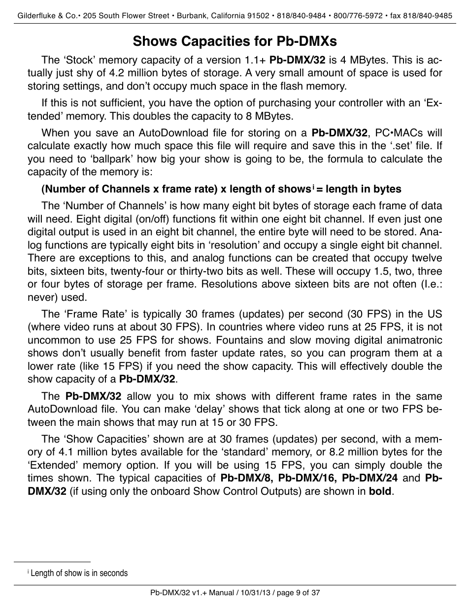 Shows capacities for pb-dmxs | Gilderfluke&Co Pb-DMX User Manual | Page 15 / 43