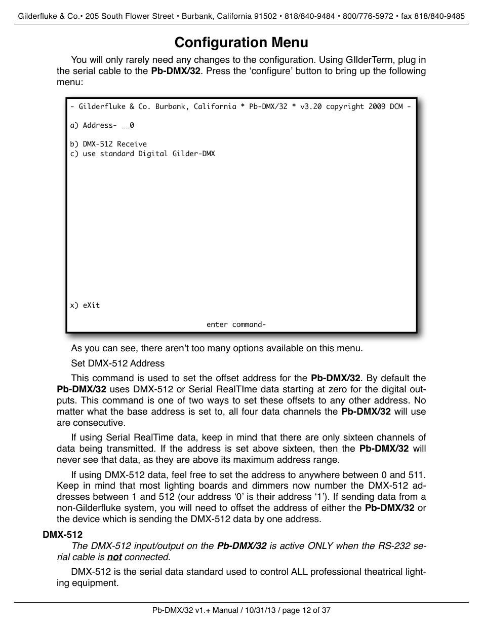 Configuration menu, Dmx-512 | Gilderfluke&Co Pb-DMX User Manual | Page 18 / 43