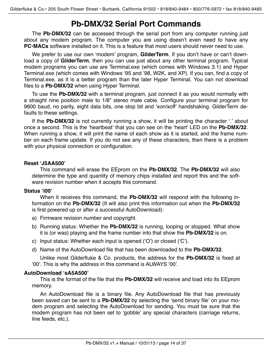 Pb-dmx/32 serial port commands, Reset ʻj5aa500ʼ, Status ʻi00ʼ | Autodownload ʻsa5a500ʼ | Gilderfluke&Co Pb-DMX User Manual | Page 20 / 43