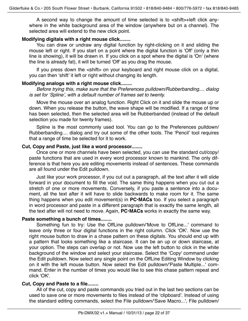 Modifying digitals with a right mouse click, Modifying analogs with a right mouse click, Cut, copy and paste, just like a word processor | Paste something a bunch of times, Cut, copy and paste to a file | Gilderfluke&Co Pb-DMX User Manual | Page 28 / 43