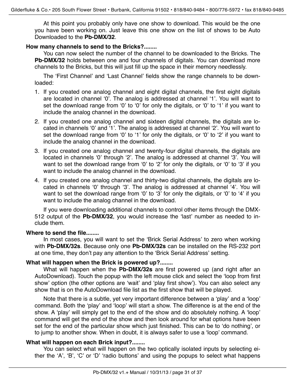 How many channels to send to the bricks, Where to send the file, What will happen when the brick is powered up | What will happen on each brick input | Gilderfluke&Co Pb-DMX User Manual | Page 37 / 43