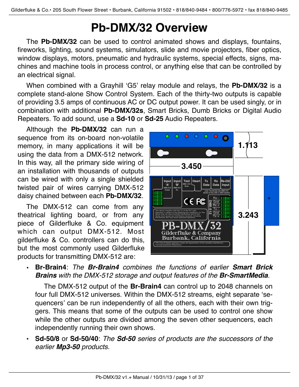Pb-dmx/32 overview, Pb-dmx/32, Gilderfluke & company burbank, california | Gilderfluke&Co Pb-DMX User Manual | Page 7 / 43
