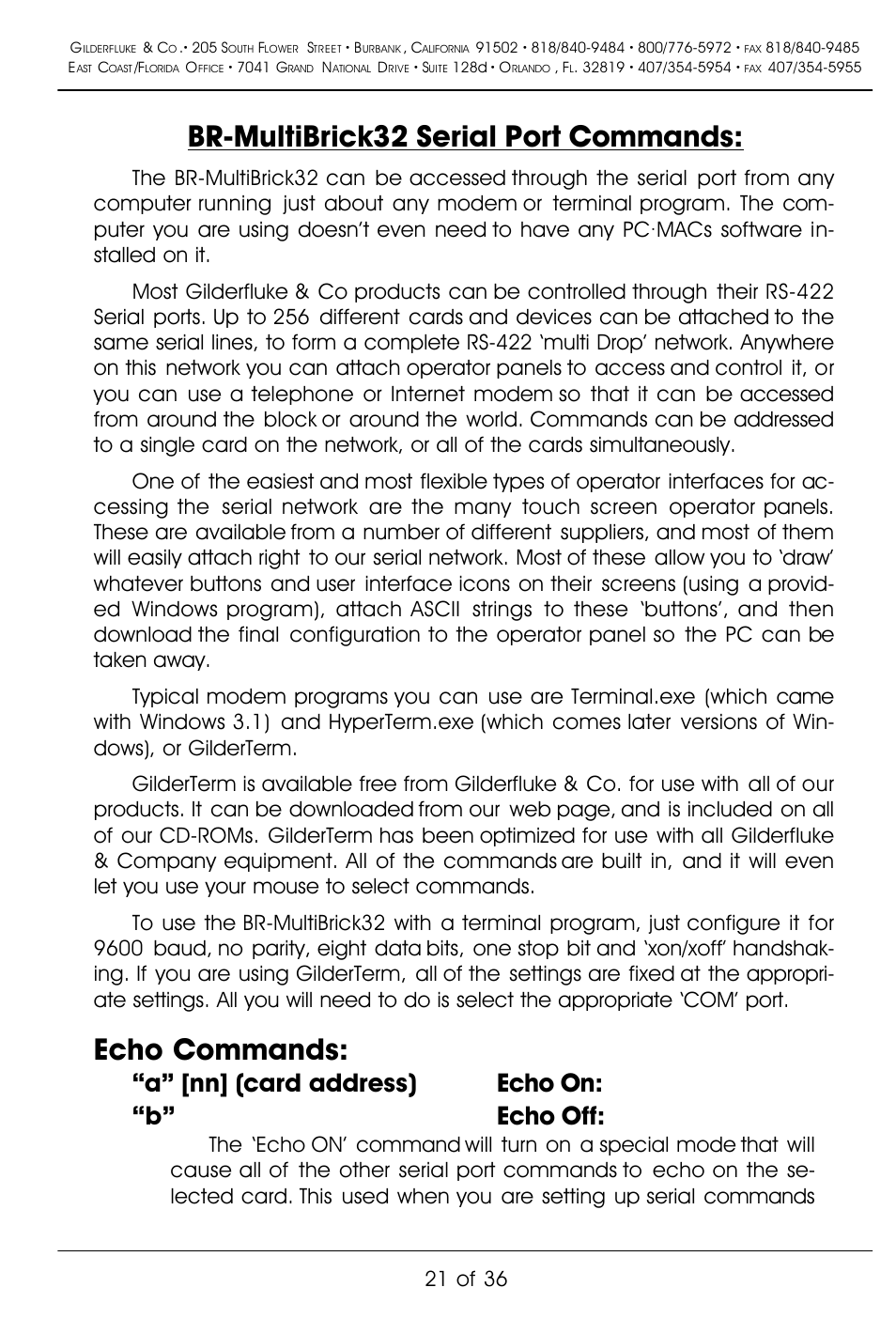 Br-multibrick32 serial port commands, Echo commands, A” [nn] (card address) echo on: “b” echo off | 21 of 36 | Gilderfluke&Co BR-MultiBrick32 User Manual | Page 27 / 42