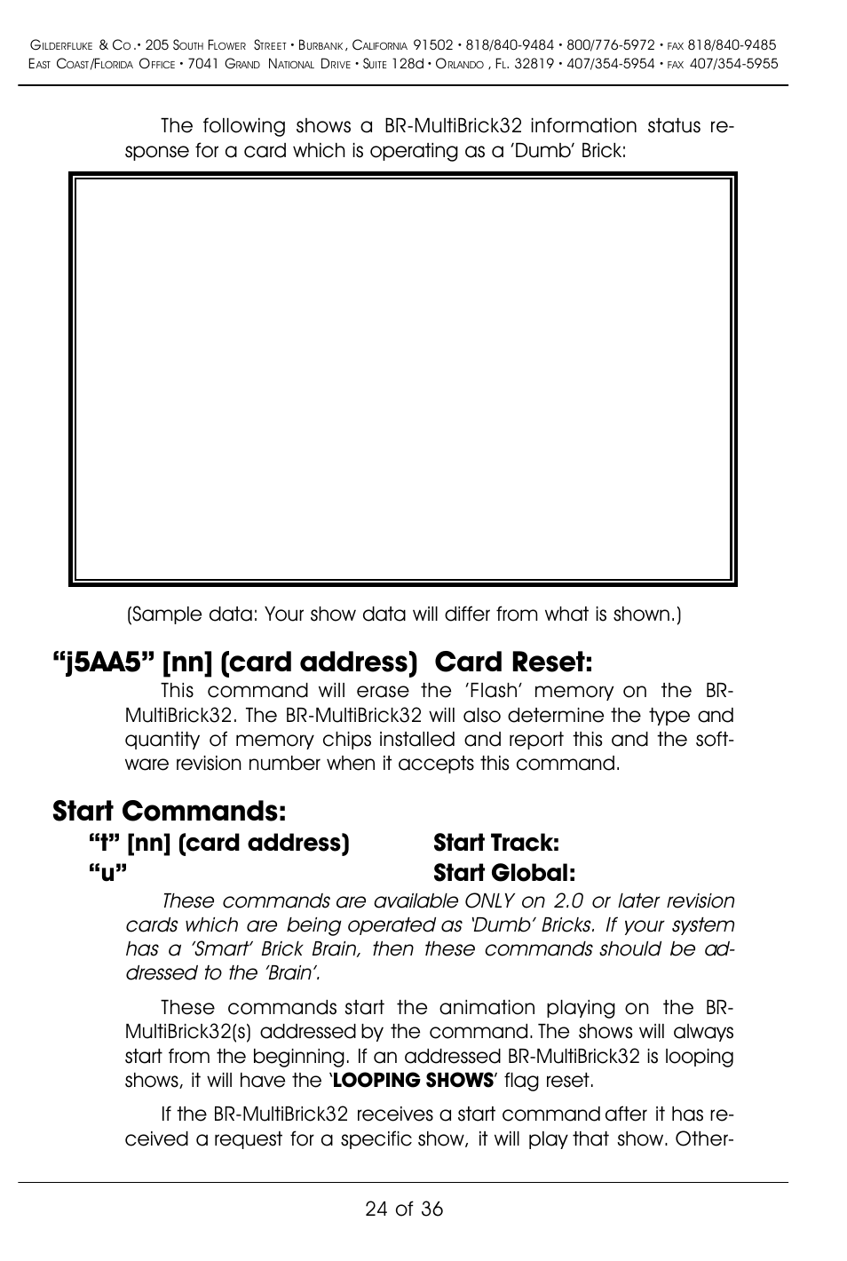 J5aa5” [nn] (card address) card reset, Start commands, 24 of 36 | Gilderfluke&Co BR-MultiBrick32 User Manual | Page 30 / 42