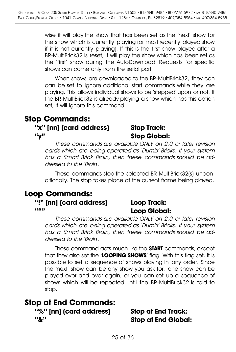 Stop commands, Loop commands, Stop at end commands | X” [nn] (card address) stop track: “y” stop global, Nn] (card address) loop track: ““” loop global, 25 of 36 | Gilderfluke&Co BR-MultiBrick32 User Manual | Page 31 / 42