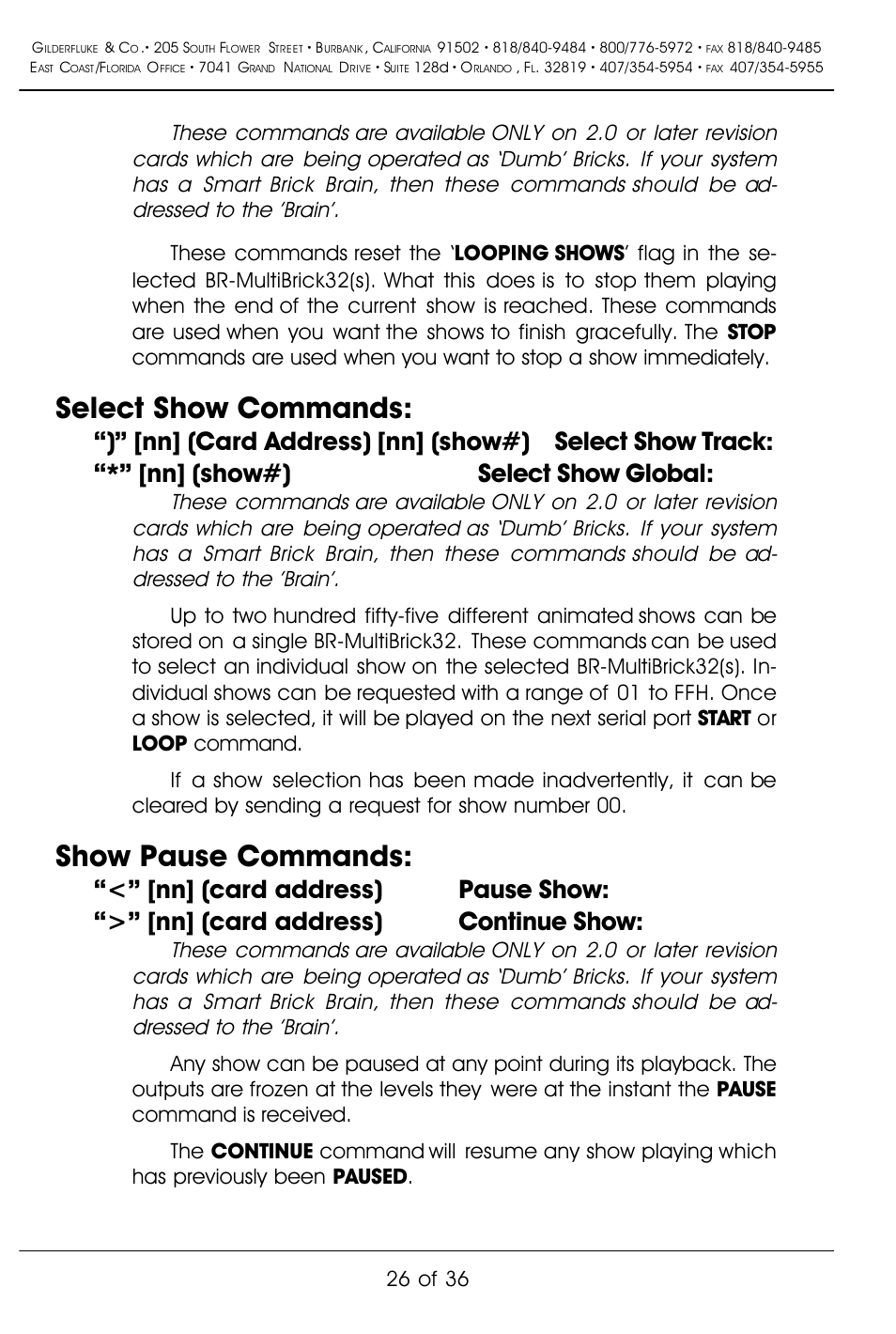 Select show commands, Show pause commands, 26 of 36 | Gilderfluke&Co BR-MultiBrick32 User Manual | Page 32 / 42