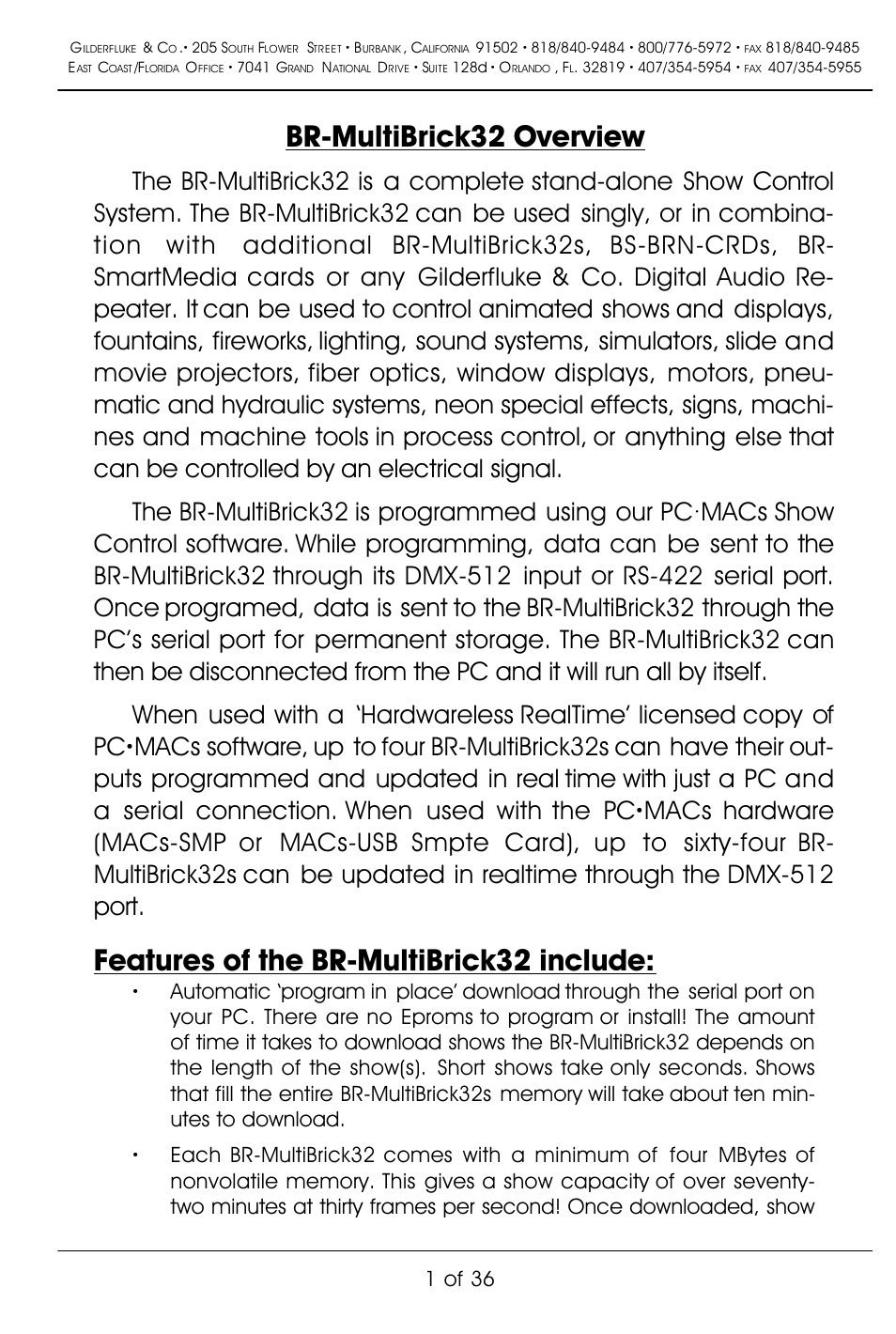 Br-multibrick32 overview, Features of the br-multibrick32 include, 1 of 36 | Gilderfluke&Co BR-MultiBrick32 User Manual | Page 7 / 42