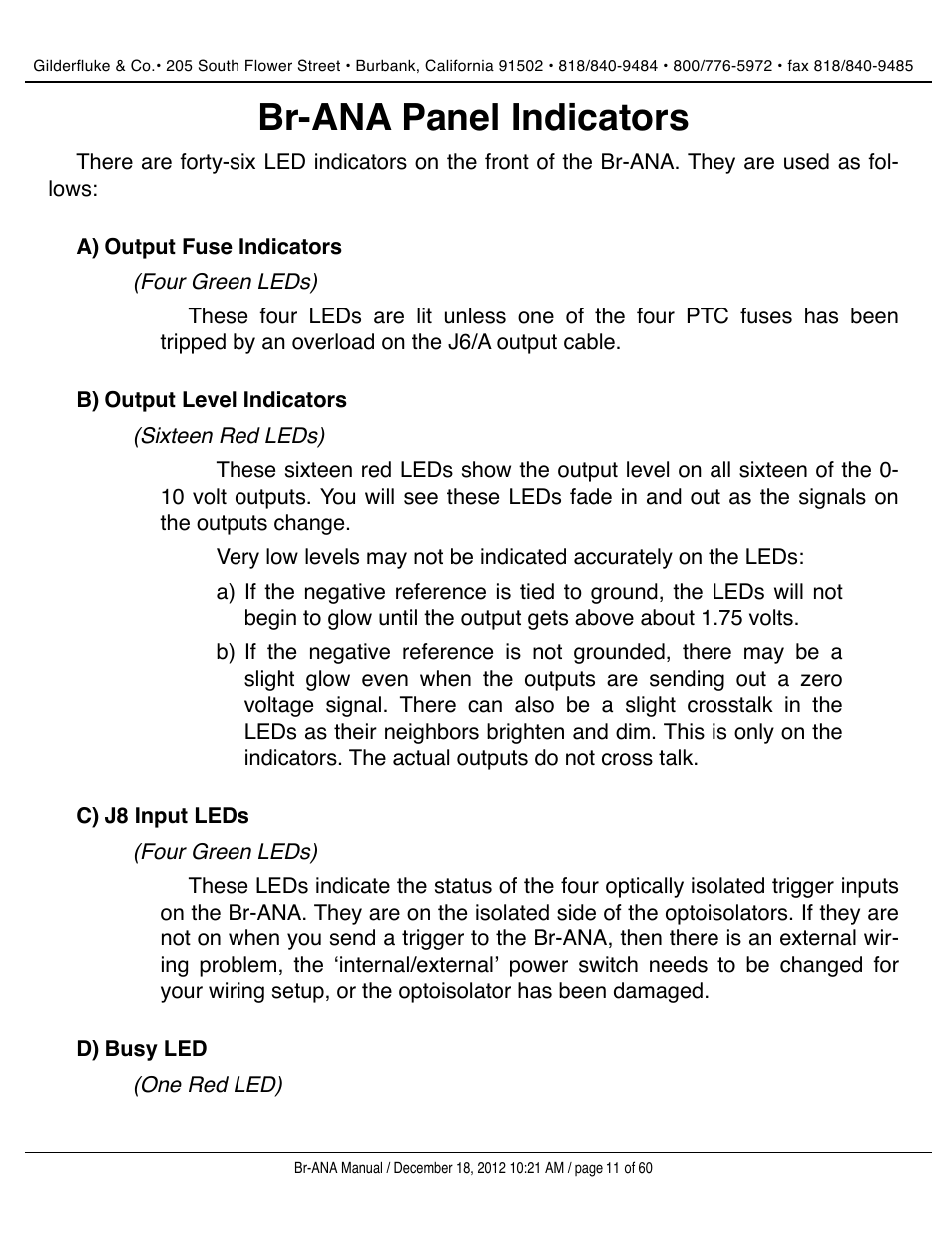 Br-ana panel indicators, Output fuse indicators, Output level indicators | J8 input leds, Busy led | Gilderfluke&Co BR-ANA Analog Output Smart/Dumb Brick User Manual | Page 11 / 60