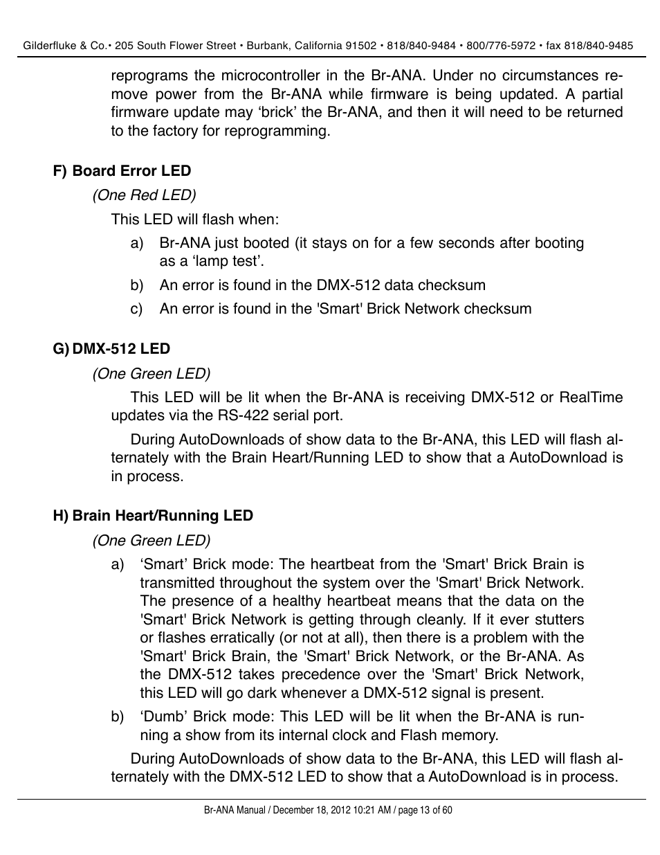 Board error led, Dmx-512 led, Brain heart/running led | Gilderfluke&Co BR-ANA Analog Output Smart/Dumb Brick User Manual | Page 13 / 60