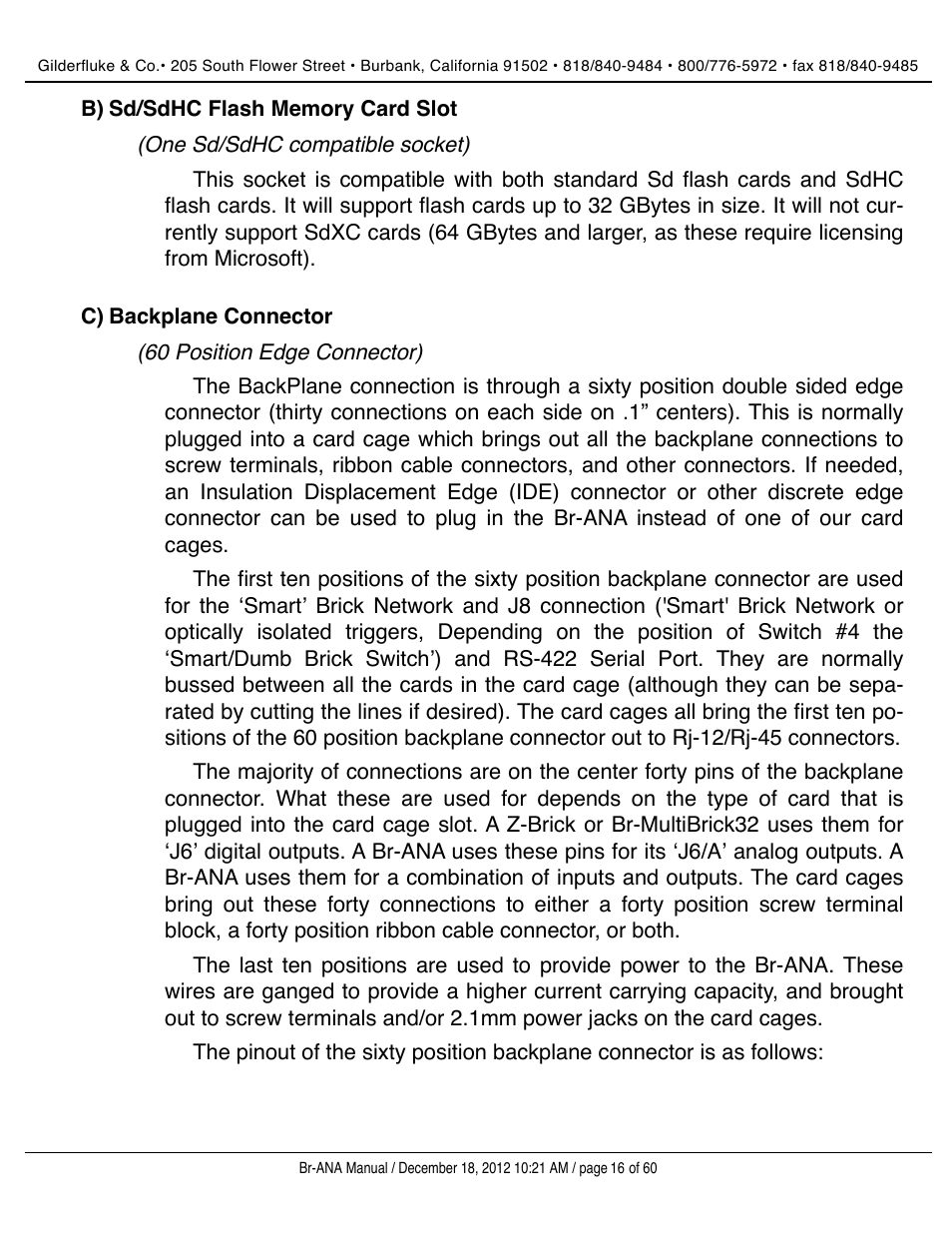 Sd/sdhc flash memory card slot, Backplane connector | Gilderfluke&Co BR-ANA Analog Output Smart/Dumb Brick User Manual | Page 16 / 60