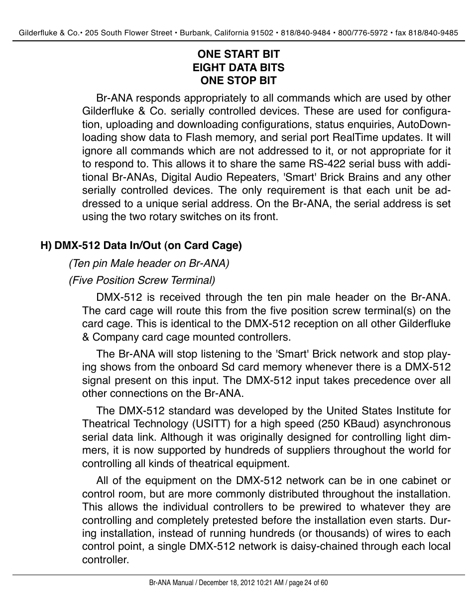Dmx-512 data in/out (on card cage) | Gilderfluke&Co BR-ANA Analog Output Smart/Dumb Brick User Manual | Page 24 / 60