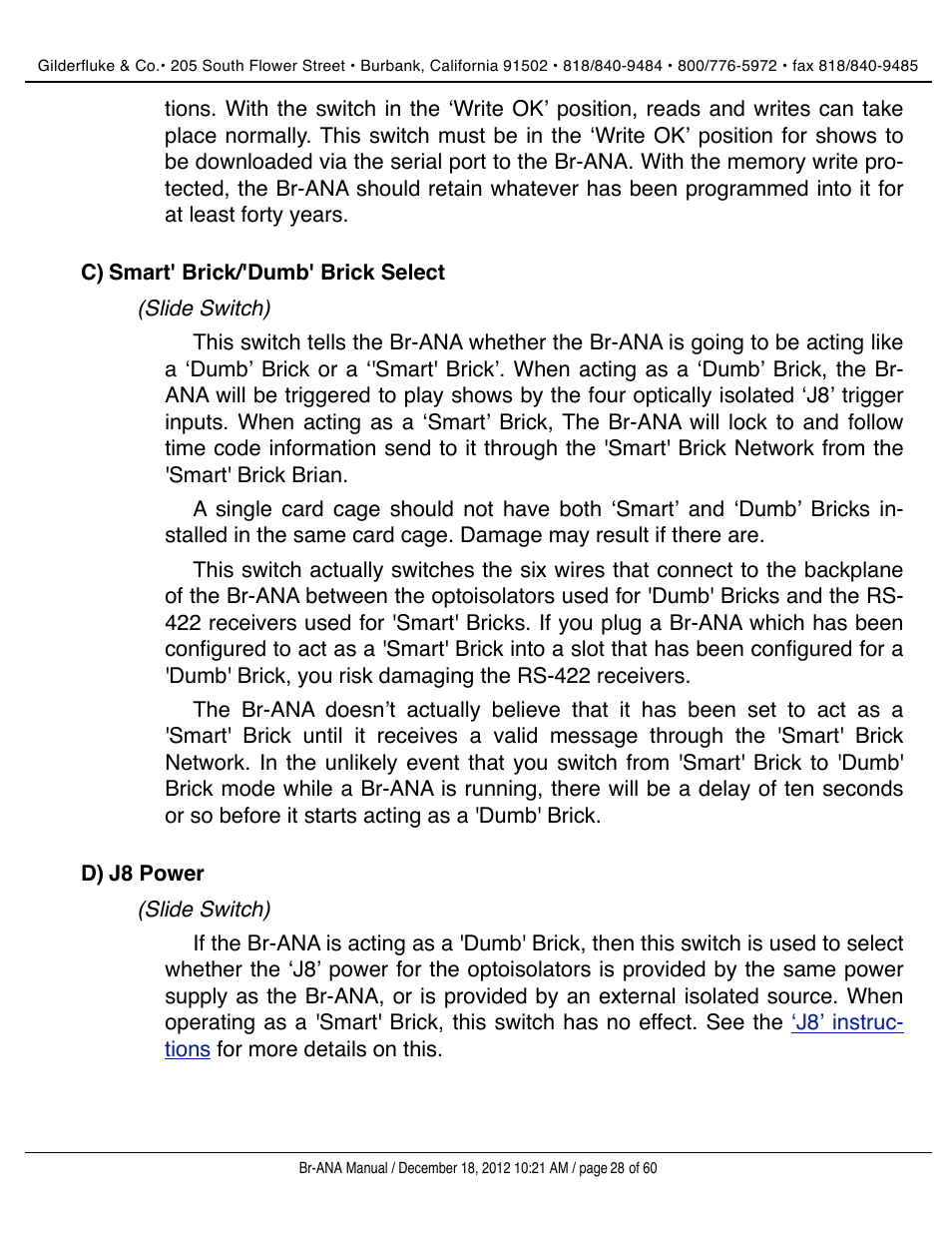Smart' brick/'dumb' brick select, J8 power | Gilderfluke&Co BR-ANA Analog Output Smart/Dumb Brick User Manual | Page 28 / 60