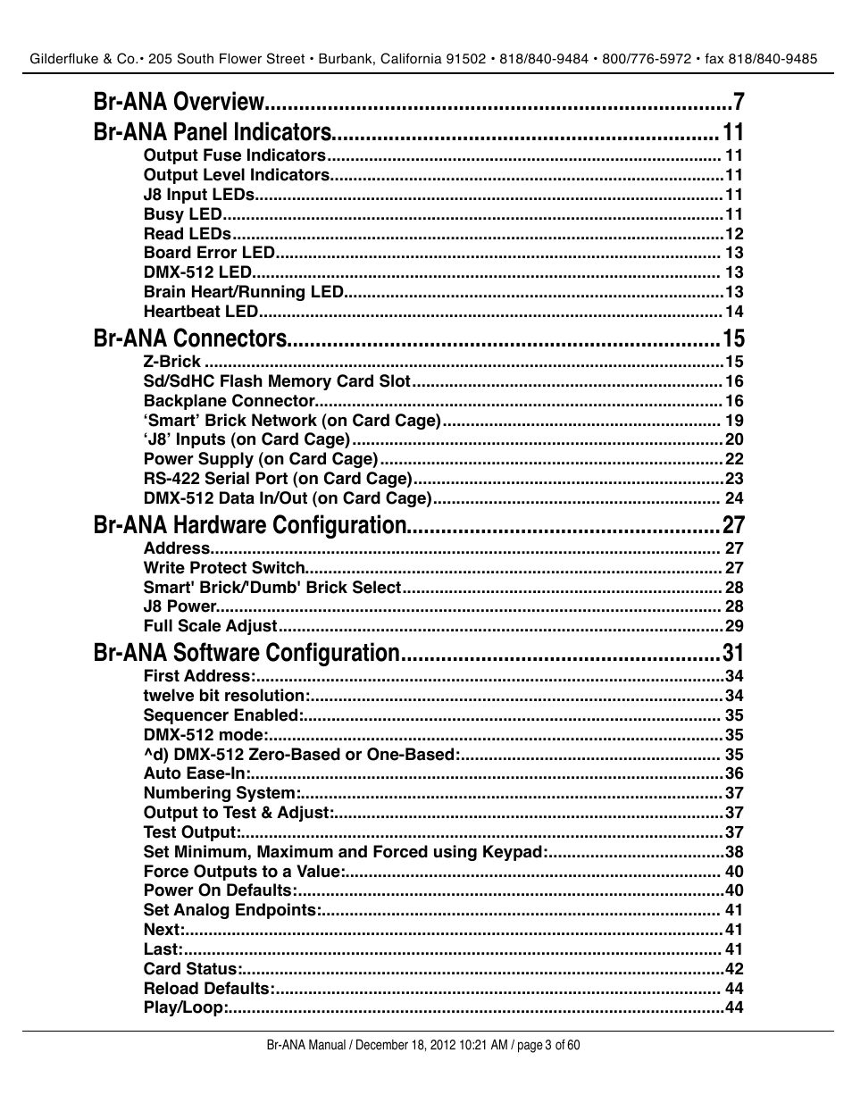 Br-ana connectors 15, Br-ana hardware configuration 27, Br-ana software configuration 31 | Gilderfluke&Co BR-ANA Analog Output Smart/Dumb Brick User Manual | Page 3 / 60