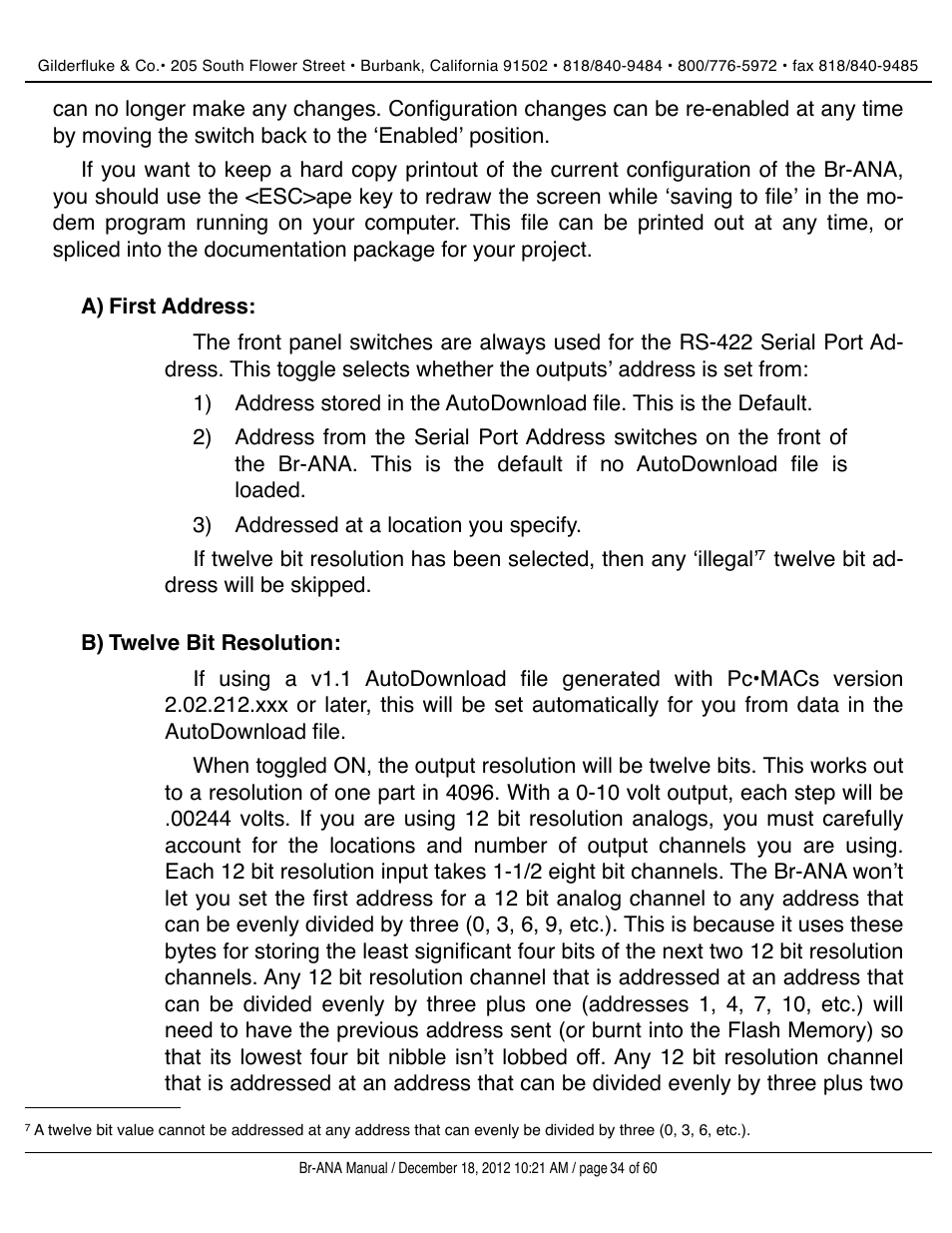 First address, Twelve bit resolution | Gilderfluke&Co BR-ANA Analog Output Smart/Dumb Brick User Manual | Page 34 / 60
