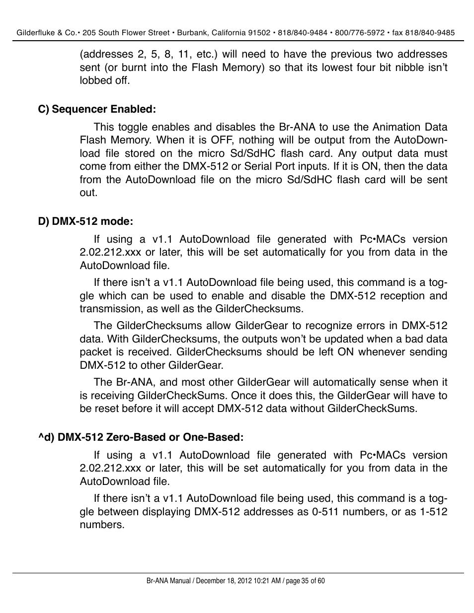 Sequencer enabled, Dmx-512 mode, D) dmx-512 zero-based or one-based | Gilderfluke&Co BR-ANA Analog Output Smart/Dumb Brick User Manual | Page 35 / 60