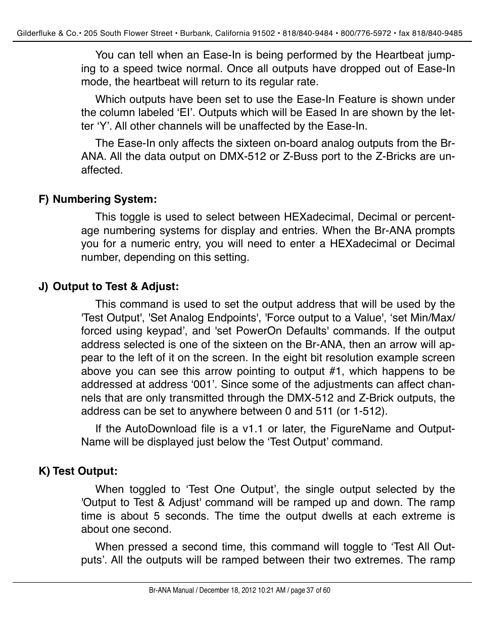 Numbering system, Output to test & adjust, Test output | Gilderfluke&Co BR-ANA Analog Output Smart/Dumb Brick User Manual | Page 37 / 60