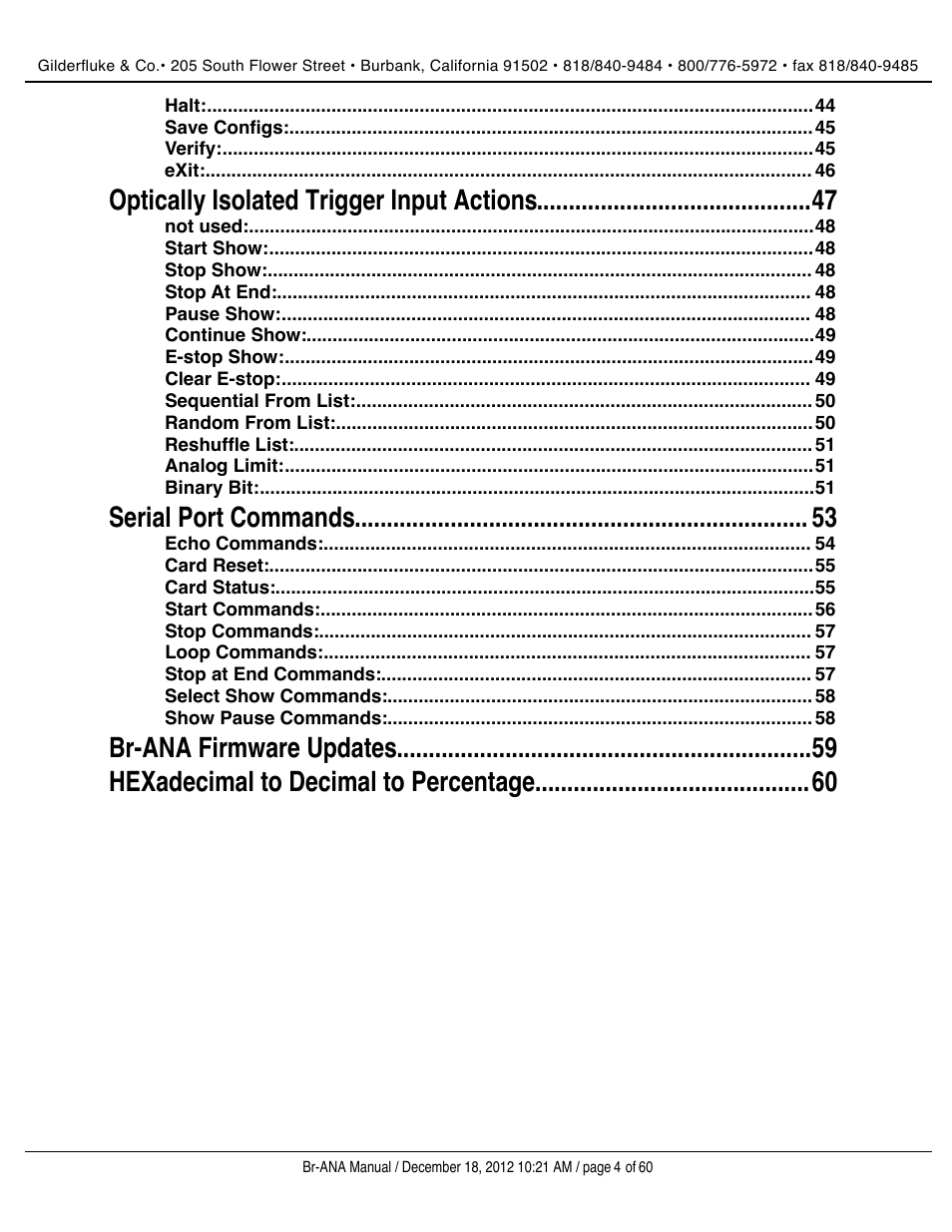 Optically isolated trigger input actions 47, Serial port commands 53 | Gilderfluke&Co BR-ANA Analog Output Smart/Dumb Brick User Manual | Page 4 / 60