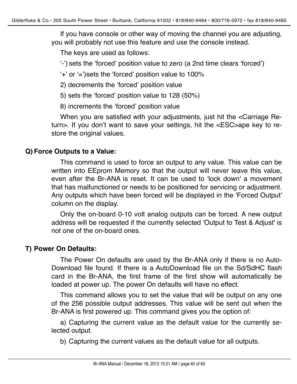 Force outputs to a value, Power on defaults | Gilderfluke&Co BR-ANA Analog Output Smart/Dumb Brick User Manual | Page 40 / 60