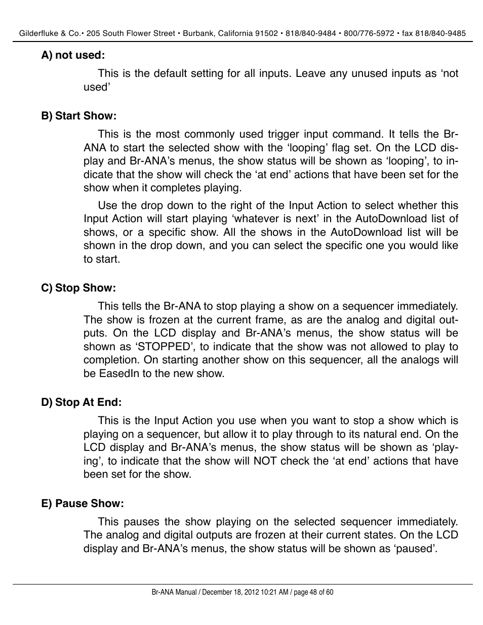 Not used, Start show, Stop show | Stop at end, Pause show | Gilderfluke&Co BR-ANA Analog Output Smart/Dumb Brick User Manual | Page 48 / 60