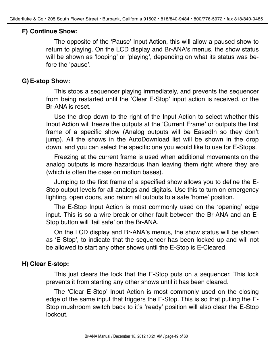 Continue show, E-stop show, Clear e-stop | Gilderfluke&Co BR-ANA Analog Output Smart/Dumb Brick User Manual | Page 49 / 60