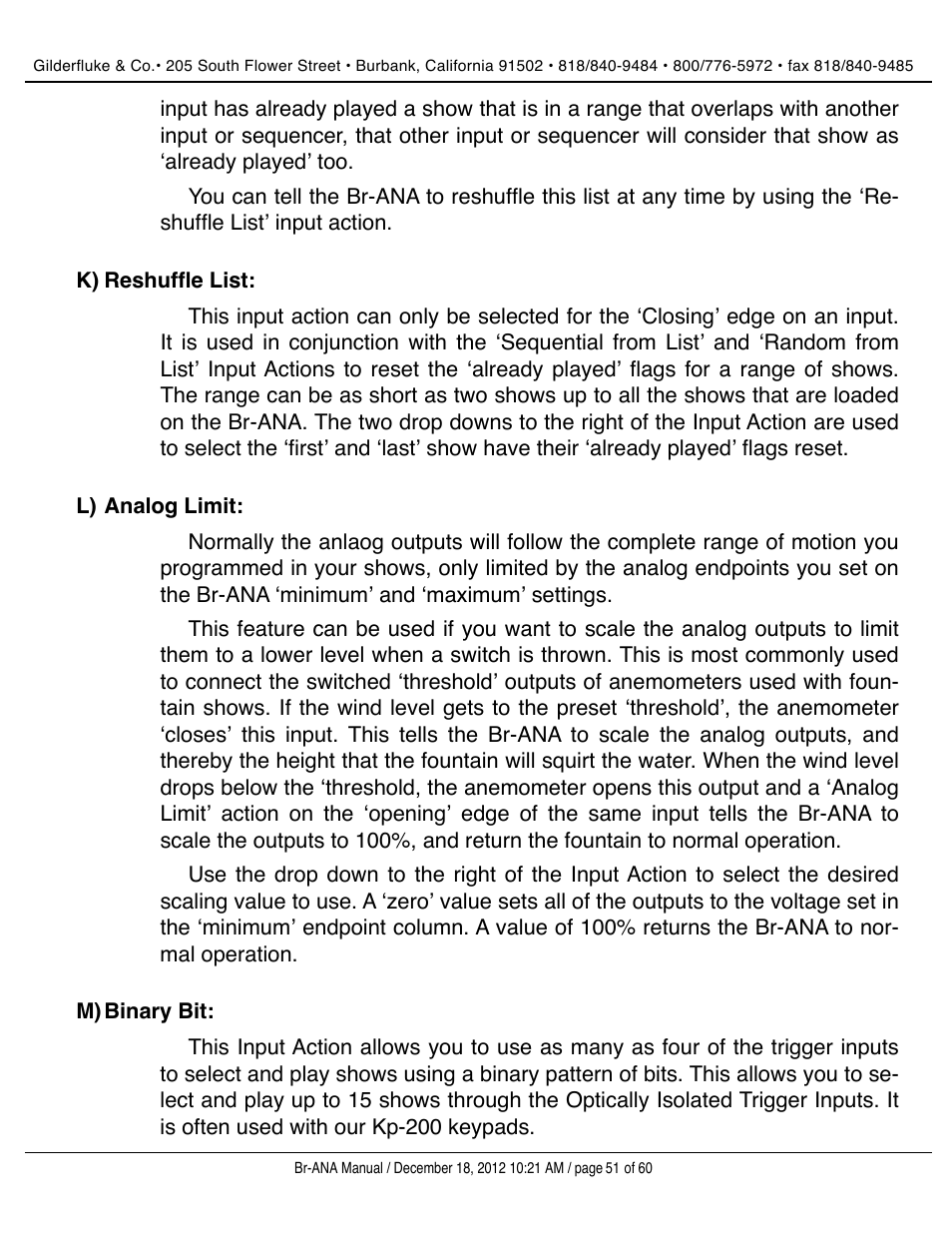 Reshuffle list, Analog limit, Binary bit | Gilderfluke&Co BR-ANA Analog Output Smart/Dumb Brick User Manual | Page 51 / 60